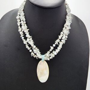 Lucas Lameth Ice Blue Crystal Necklace Sterling Silver Mother of Pearl Pendant